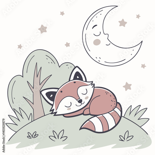 Cute animal sleeping under the moon icon with soft pastel colors
