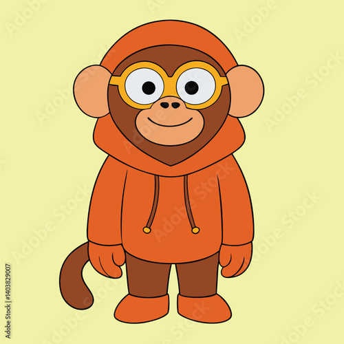 cute cartoon monkey in orange hoodie with glasses, smiling character illustration on a yellow background, perfect for children’s designs

