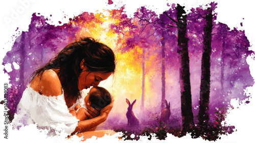 Enchanting Vector Illustration of Loving Mother Tenderly Holding Baby in Mystical Purple Forest with Curious Rabbits Nature Watercolor Fantasy Magical Motherhood Art
