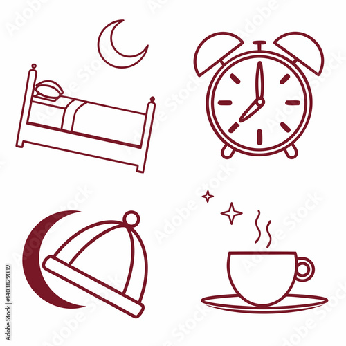 Minimal sleep icon set: bed, moon, clock, and nightcap
