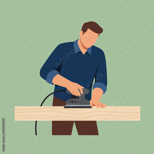 Man using electric sander on wooden plank in flat vector art