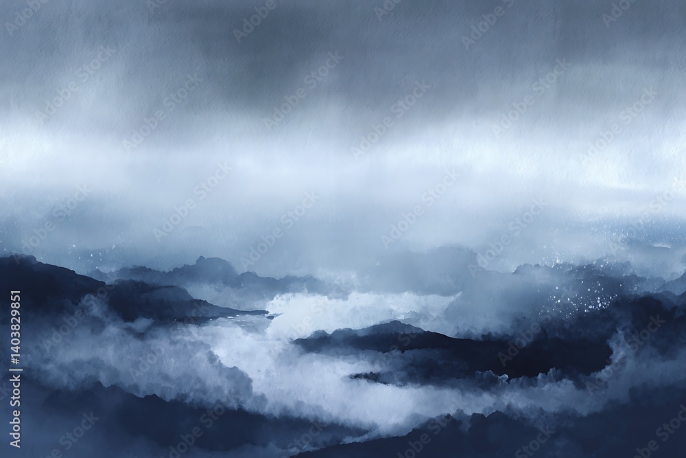 A misty dark blue watercolor background features soft textures and a minimalistic design, high-resolution hyper-realistic details create a serene and abstract atmosphere. Tranquil - Lake. A misty dark blue watercolor background features soft textures and a minimalistic design, high-resolution hyper-realistic details create a serene and abstract atmosphere. Tranquil - Lake.