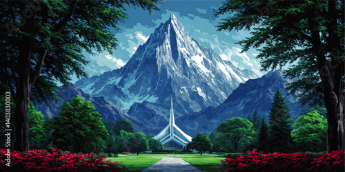 Scenic Vector Artwork Depicting Majestic Snowy Mountain Peak Overlooking Modern Architectural Landmark Surrounded by Lush Green Trees and Colorful Blooming Flowers