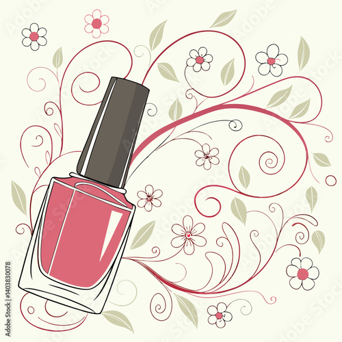 Nail polish bottle with floral swirl background icon