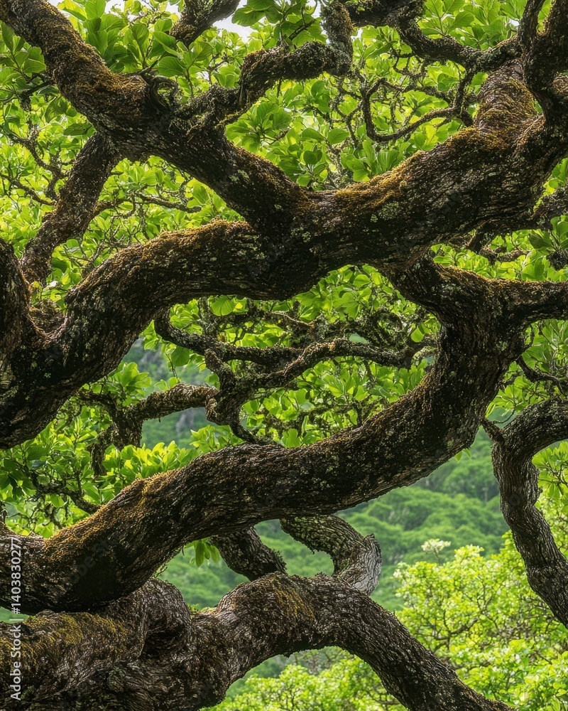 Enchanting view of the old tree branches covered with moss and green leaves in a lush forest canopy Enchanting view of the old tree branches covered with moss and green leaves in a lush forest canopy