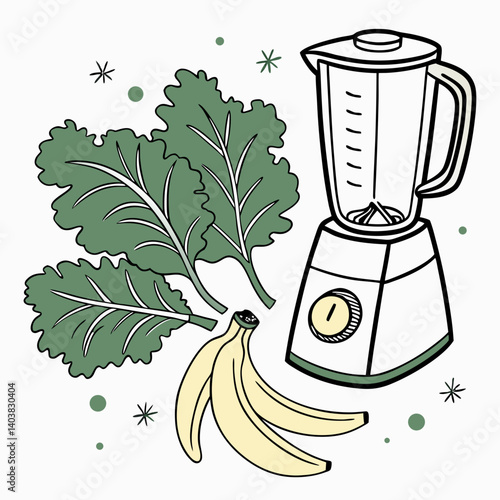 Green smoothie blender icon with kale and banana