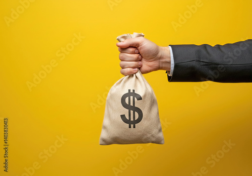 One hand holding a money bag. The concept of earning an income. Receiving a salary or payment. Making payments or purchases. Donating to charity. Financial gain and support, income opportunities. 