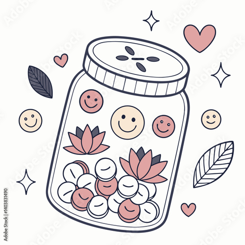 Wellness jar icon filled with mindfulness and joy symbols