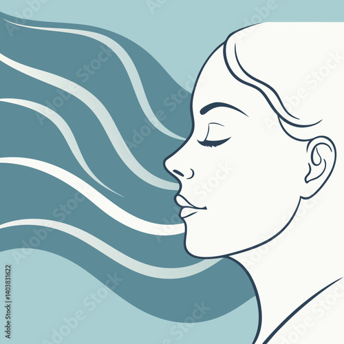 Calm breathing icon with air wave lines and serene face silhouette
