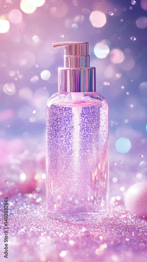Elegant cosmetic bottle with shimmering liquid and bokeh background captures a luxurious and magical essence in a soft pastel color palette Elegant cosmetic bottle with shimmering liquid and bokeh background captures a luxurious and magical essence in a soft pastel color palette
