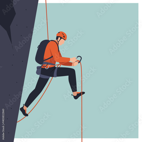 Climber ascending rock wall in flat vector art style showcasing adventure and outdoor sports vector illustration