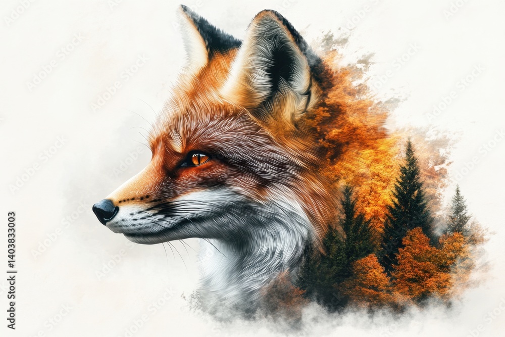 Obraz premium Captivating fox portrait blending seamlessly with vibrant autumn forest showcasing nature's beauty and artistic fusion in a serene ambiance