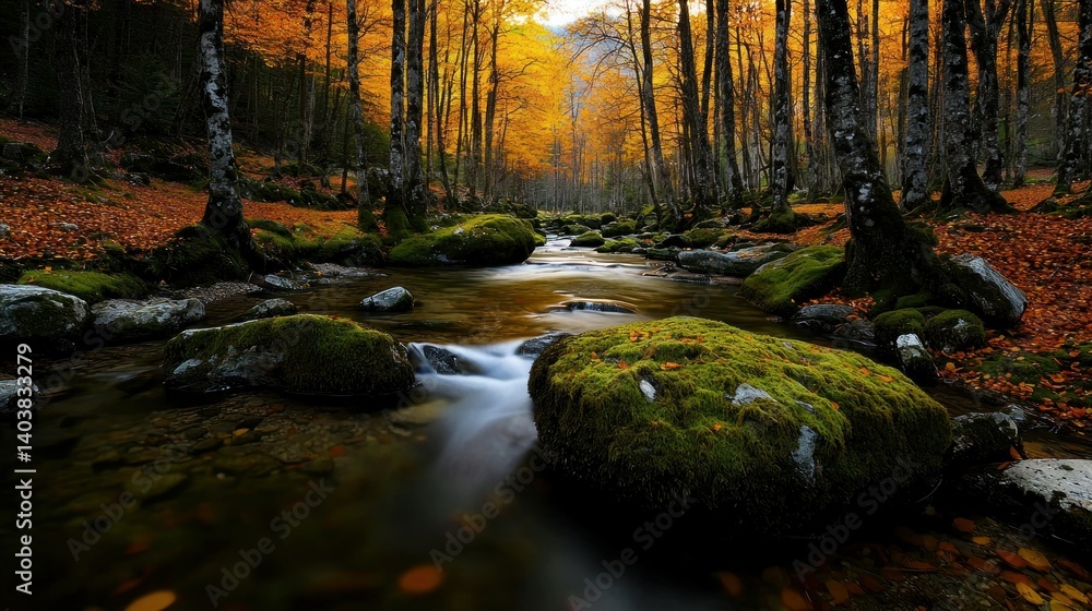 Obraz premium A scenic forested river flows through an autumn landscape setting