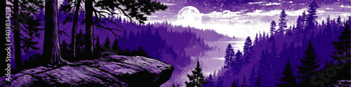 Enchanting Purple Moonlit Forest Vector Illustration Featuring Majestic Trees Starry Sky Misty Hills Rocky Landscape Serene Tranquility Nature Scene Nighttime View