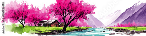Stunning Vector Illustration of Serene Mountain Landscape with Pink Blossoming Trees River Flowing Village Houses Scenic Nature Spring Countryside Artwork Background