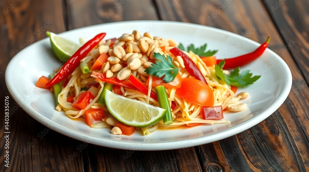 Thai Spicy Papaya Salad (Som Tum) with Chili, Lime, and Crushed Peanuts on Ceramic Plate