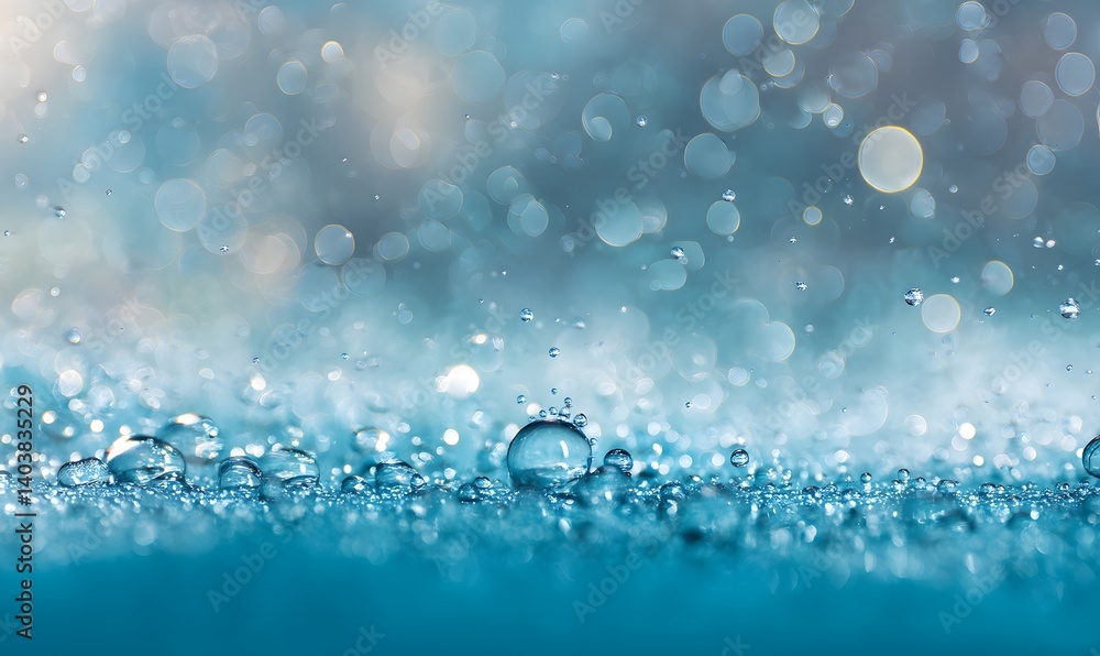 Close up of water droplets with bokeh effect in shades of blue and white creating a serene scene Close up of water droplets with bokeh effect in shades of blue and white creating a serene scene