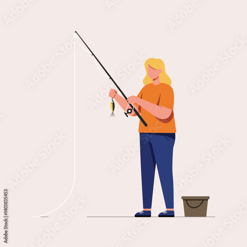 Fisherwoman catching a fish in flat minimal vector illustration