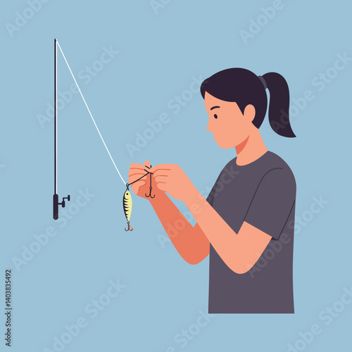 Fisherman preparing bait with fish caught in flat vector illustration