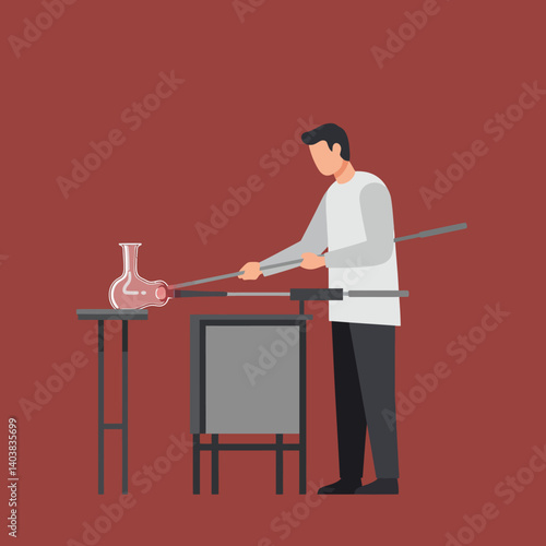 Glassblower shaping molten glass in a workshop using flat vector art