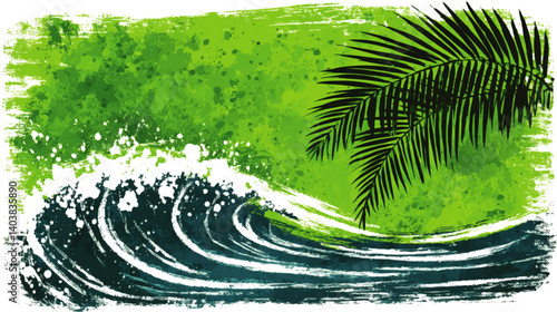 Vibrant Tropical Background Vector Illustration with Ocean Waves Crashing and Green Palm Leaves Textured Artistic Brush Strokes for Summer Surfing Beach Design Projects