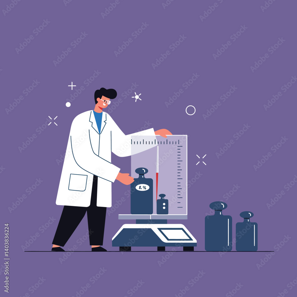 Scientist measuring weight using scale in flat vector art illustration Scientist measuring weight using scale in flat vector art illustration