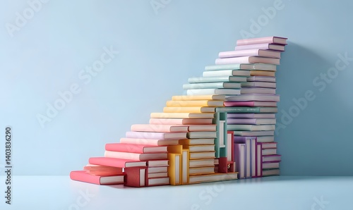A staircase made of books in various pastel colors against a light blue background in a studio shot