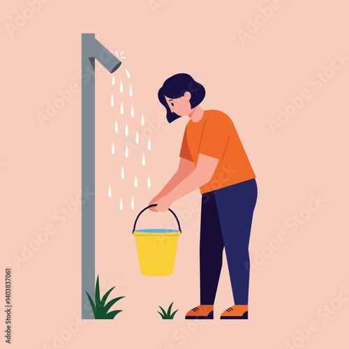 Person collecting water in a bucket under a faucet in flat vector art