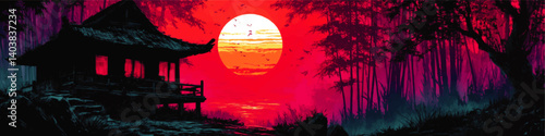 Mystical Asian Landscape Vector Illustration with Traditional Pagoda Silhouette Illuminated by Glowing Sunset in Vibrant Hues of Red Pink Purple and Blue Forest Scene