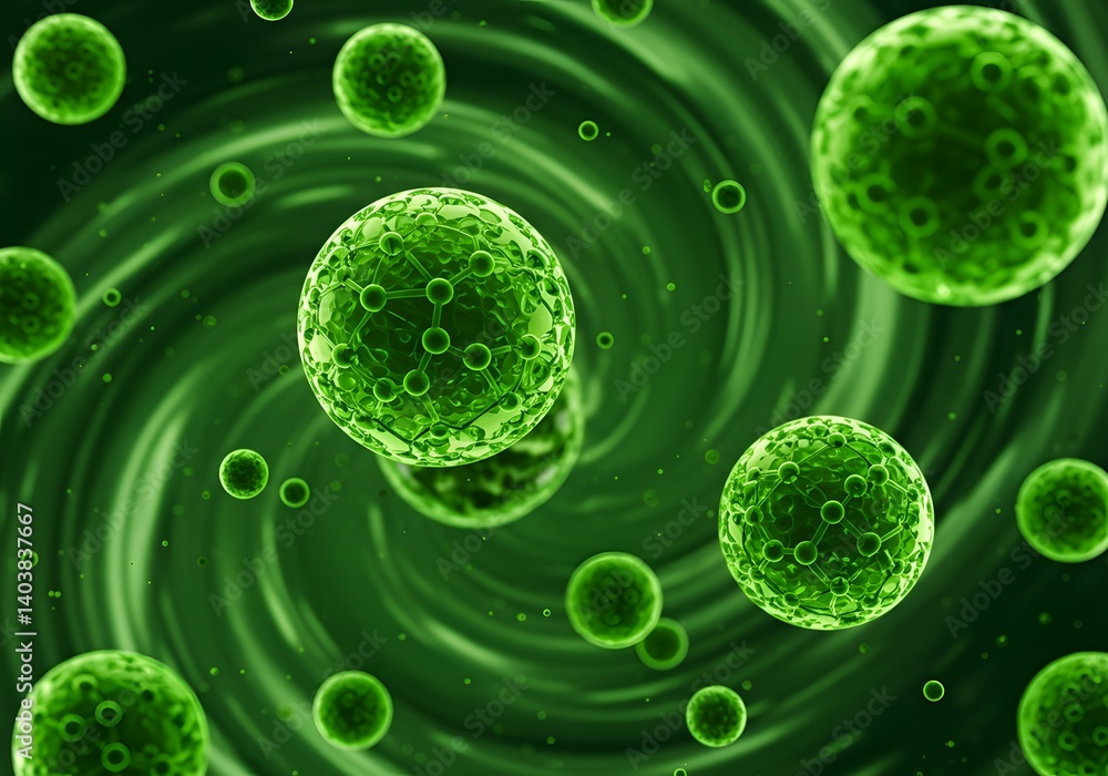 Microscopic Green Spheres in a Swirling Vortex: A 3D Render of Molecular Structures Microscopic Green Spheres in a Swirling Vortex: A 3D Render of Molecular Structures