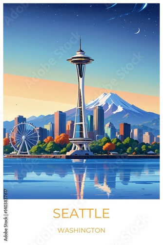 Seattle Washington United states Travel Poster Illustration Print Decor Gift Canvas Wall Art Gift