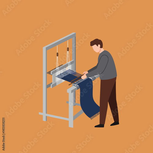 Crafting textiles with a loom in flat vector art style showcasing weaving process and details