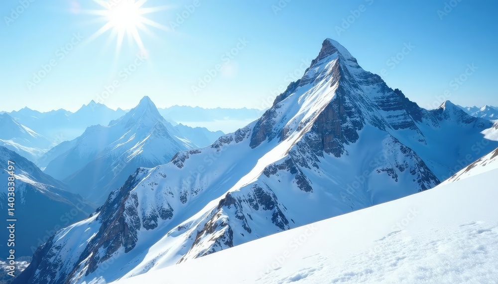 Obraz premium White snow-covered mountain peak, bright sunlight , landscape, alpine, cliffs