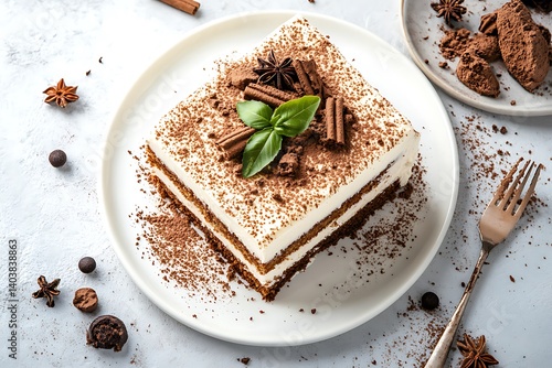 Delicious Italian Tiramisu Dessert on White Plate Garnished with Cocoa, Anise and Basil