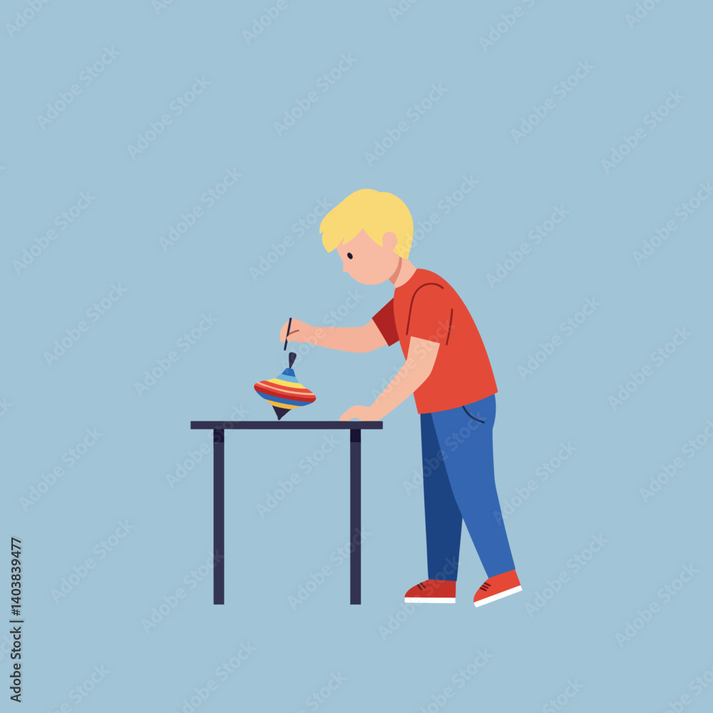 Fototapeta premium Child Playing with Spinning Top in Flat Minimal Vector Art