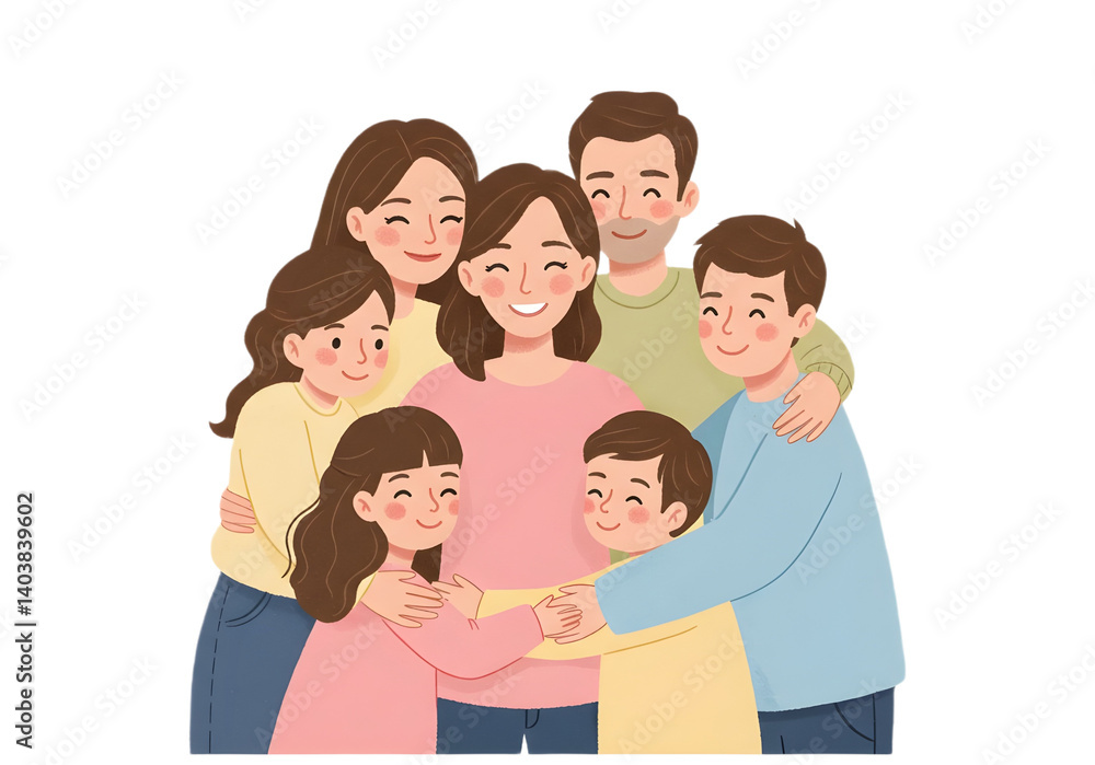 A joyful family embraces each other, smiling brightly, capturing a moment of love and togetherness. A joyful family embraces each other, smiling brightly, capturing a moment of love and togetherness.