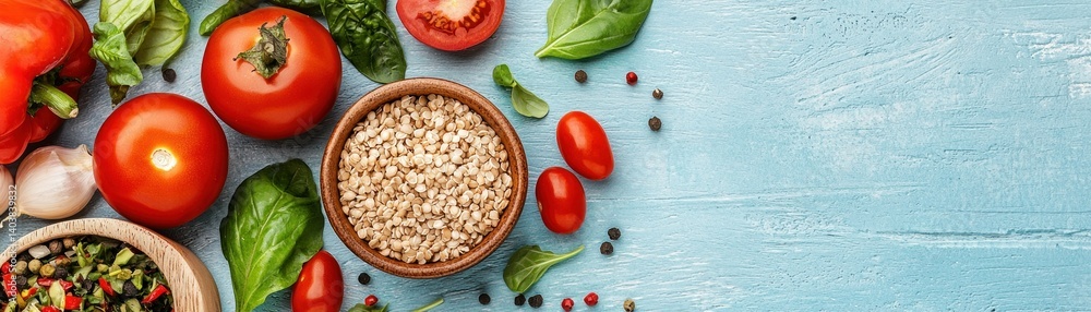 Freshly prepared vegetables and grains arranged on a blue wooden surface Freshly prepared vegetables and grains arranged on a blue wooden surface