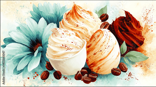 Delicious Swirled Cupcakes with Coffee Beans and Pastel Blue Flowers Artistic Watercolor Vector Illustration Ideal for Bakery Cafe Restaurant and Dessert Themes Online