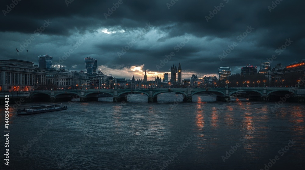 Naklejka premium Dark Clouds Over the City: A Glimpse of the Bridge and River, London at Dusk