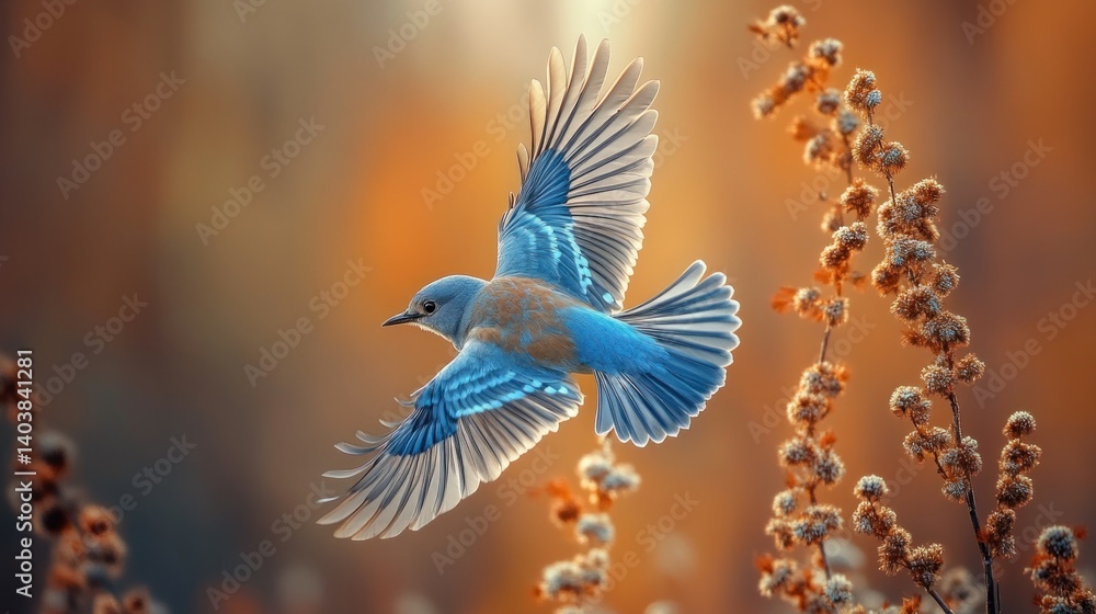 Obraz premium Blue bird soars, wings spread wide. Warm orange sunlight, nature scene