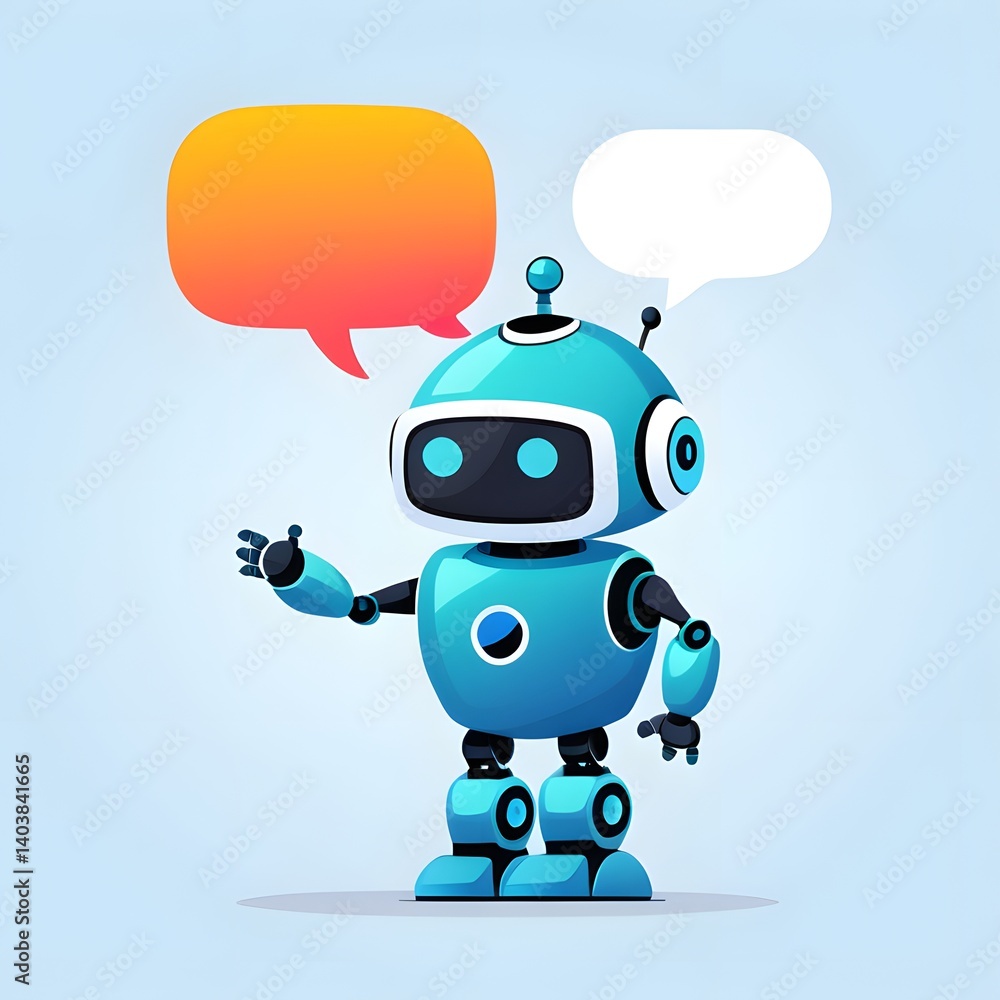 Cute Blue Chatbot Robot with Speech Bubbles on Light Background - AI Assistant Illustration Cute Blue Chatbot Robot with Speech Bubbles on Light Background - AI Assistant Illustration