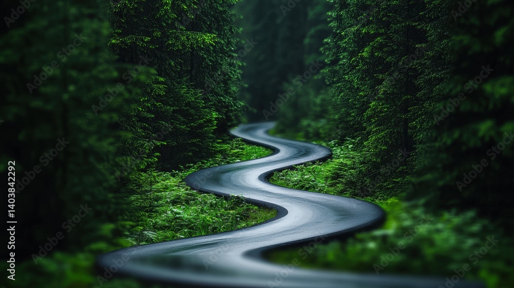 Obraz premium Way A long and winding road leading through a forest, symbolizing the journey and the unknown path.