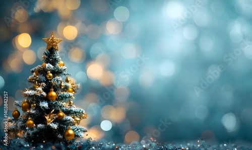 A festive christmas tree adorned with golden ornaments and a star against a bokeh background