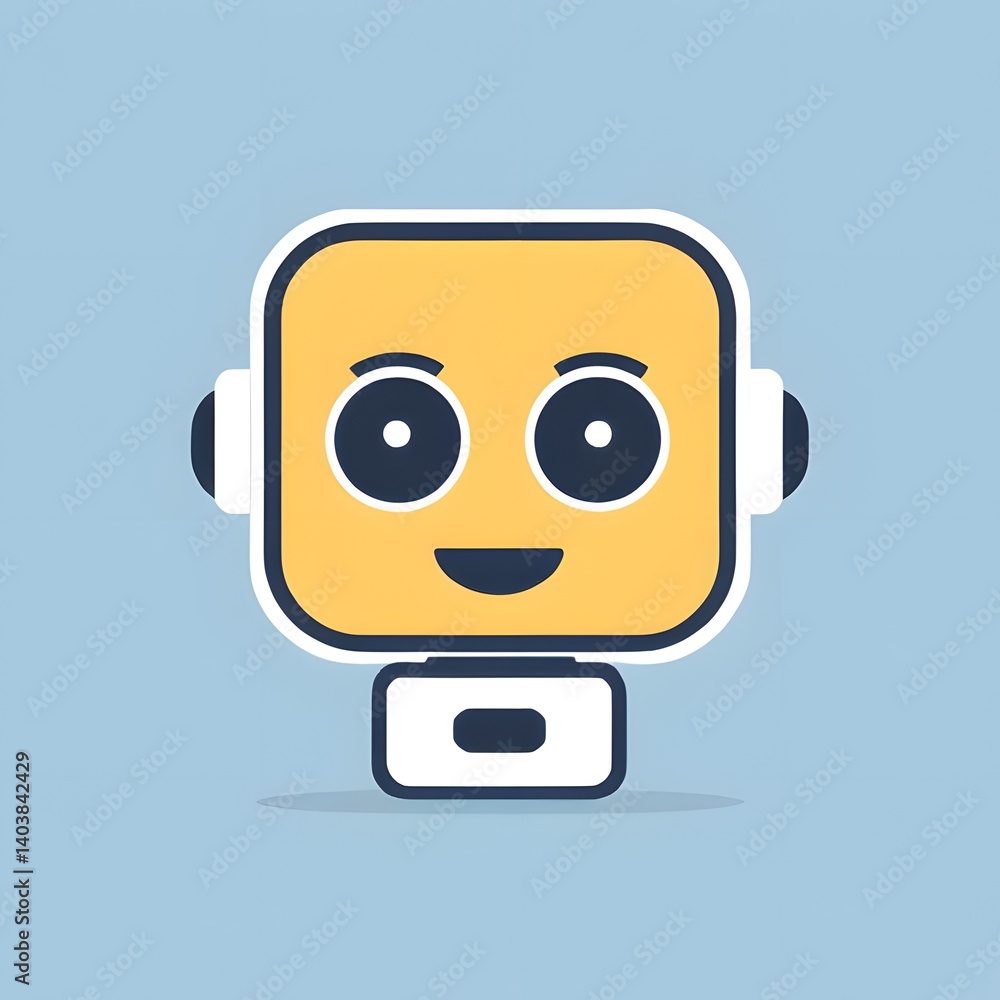 Fototapeta premium Cute Friendly Robot Icon - Smiling Cartoon AI Face Avatar for Apps, Technology, Chatbots, Kids, or Branding - Flat Minimalist Style on Blue Background