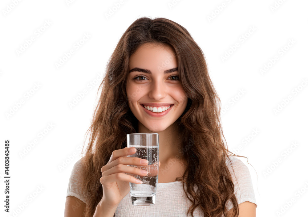 Smiling woman drinking water from glass isolated on transparent background Smiling woman drinking water from glass isolated on transparent background