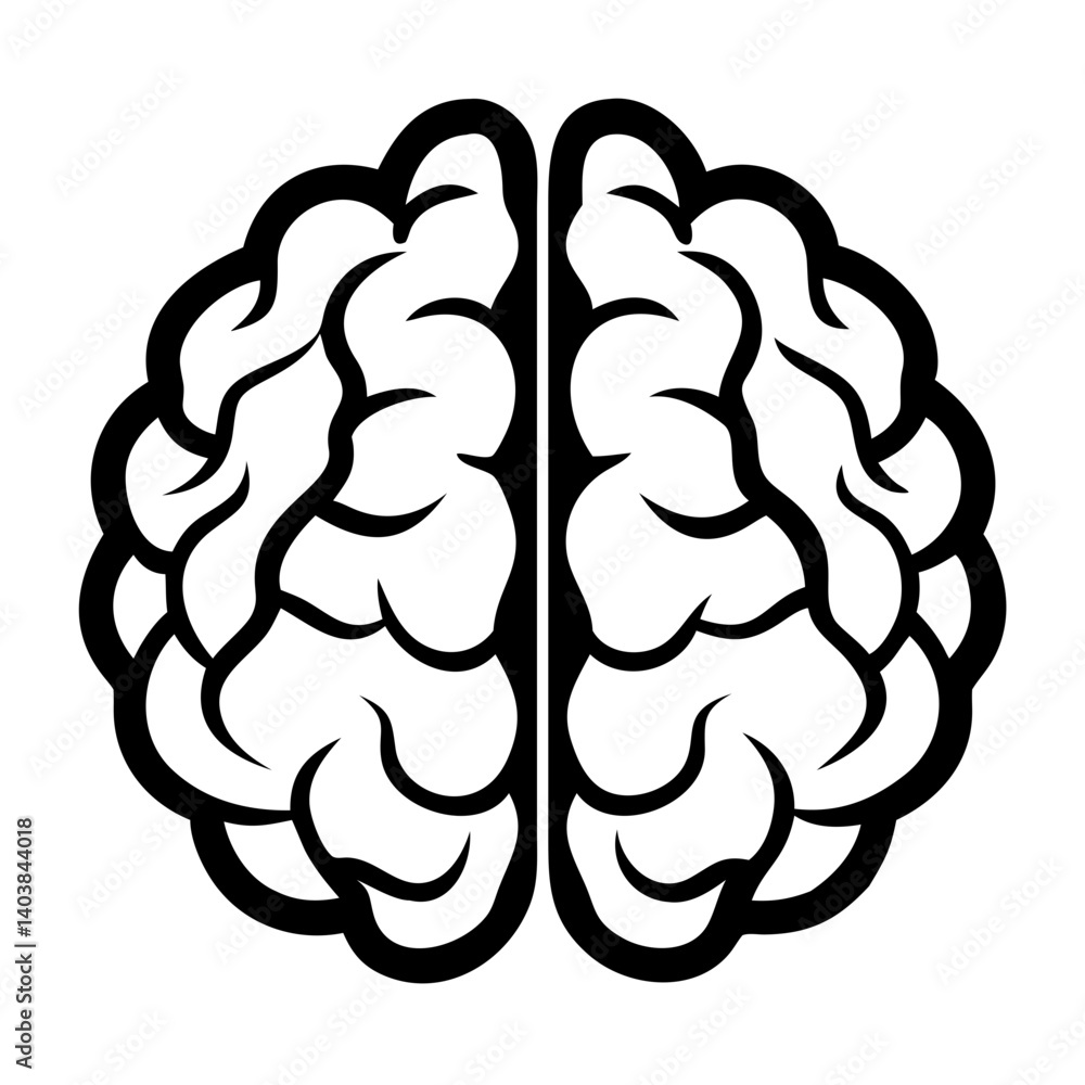 Top view of human brain illustration in black outline style Top view of human brain illustration in black outline style