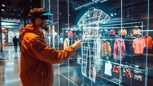 Man using virtual reality glasses to interact with holographic clothing display in a modern retail store