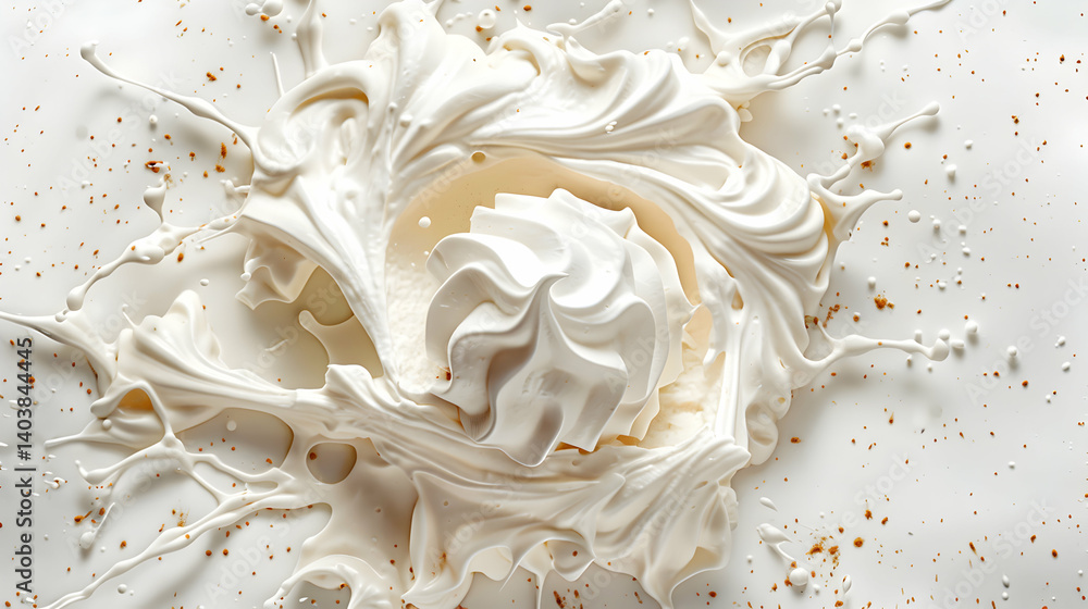 A top down view of a swirl of white cream with splashes and small brown sprinkles on white background A top down view of a swirl of white cream with splashes and small brown sprinkles on white background