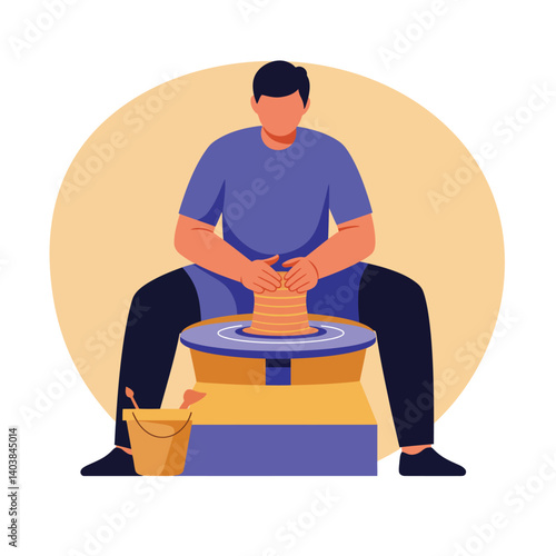 Potter shaping clay on wheel in flat vector art style illustration