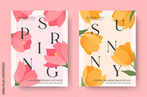 Spring elegant illustrations with yellow tulips and pink roses.Typography banner templates with blooming flowers.Creative seasonal backgrounds for holidays prints;invitations;offers;covers;greetings